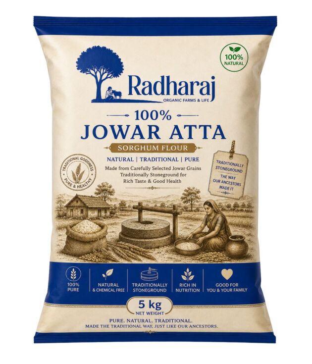 100% Jowar Atta 5kg | Stone Ground Sorghum Flour | Radharaj Organic Farm