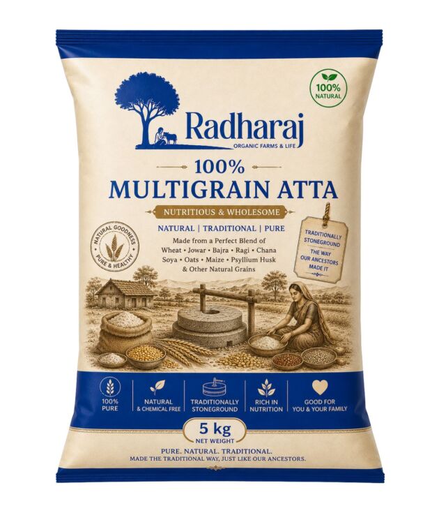 100% Multigrain Atta 5kg | Stone Ground Whole Grain Flour | Radharaj Organic Farm
