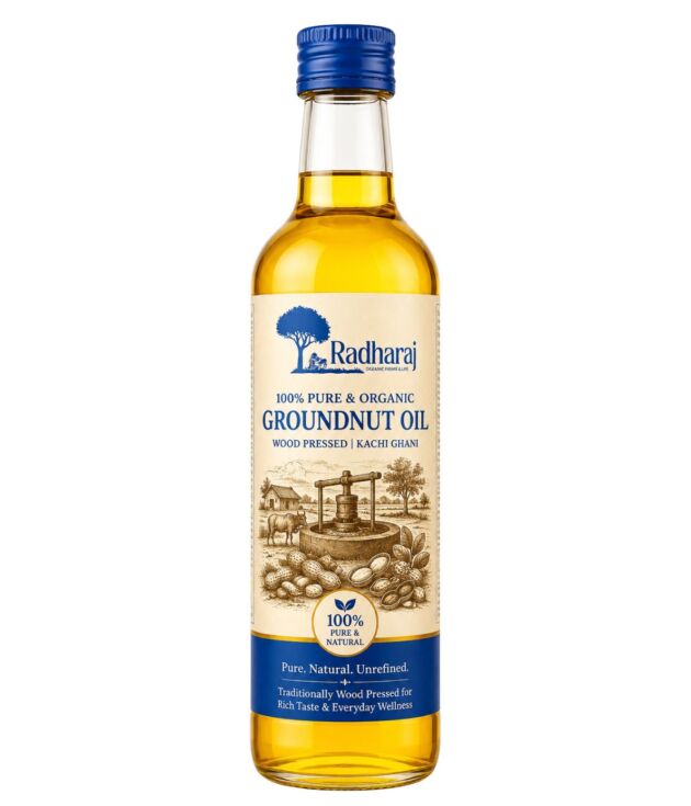 Wood Pressed Groundnut Oil 1 Litre | Kachi Ghani Peanut Oil | Radharaj Organic Farm