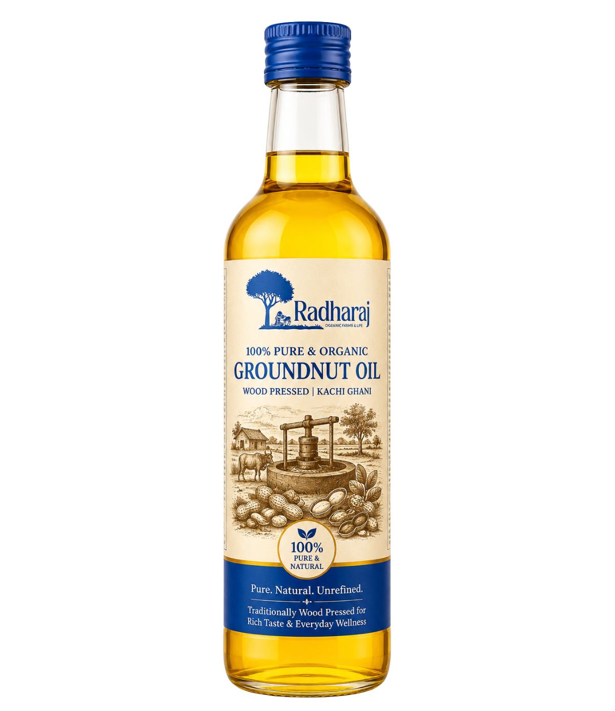 Wood Pressed Groundnut Oil 1 Litre | Kachi Ghani Peanut Oil | Radharaj Organic Farm