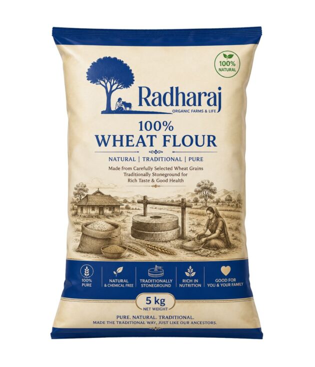 100% Wheat Flour 5kg | Stone Ground Whole Wheat Atta | Radharaj Organic Farm
