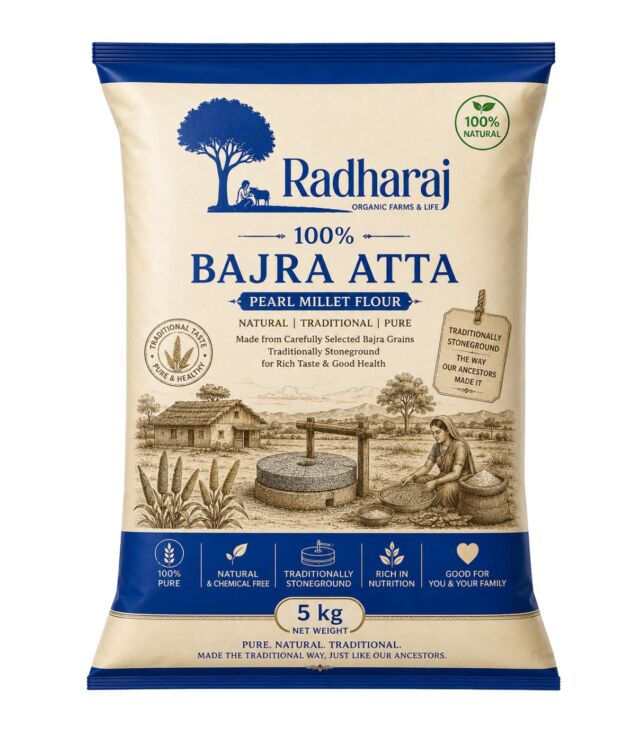 100% Bajra Atta 5kg | Stone Ground Pearl Millet Flour | Radharaj Organic Farm