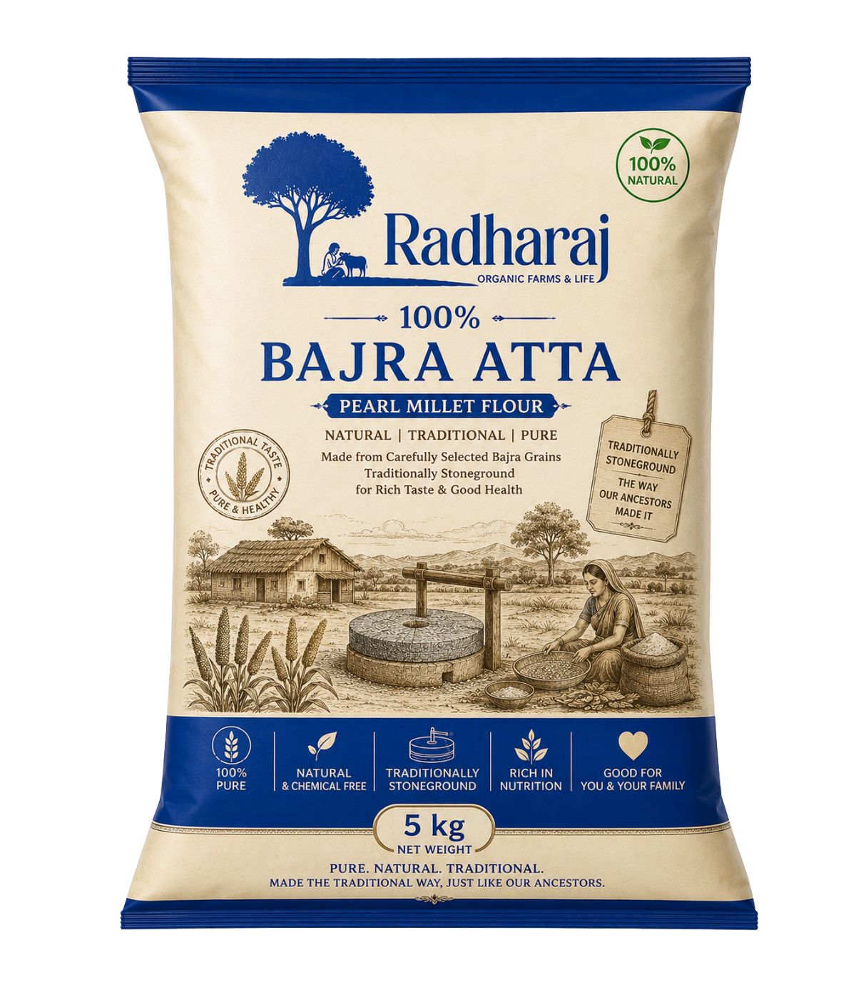 100% Bajra Atta 5kg | Stone Ground Pearl Millet Flour | Radharaj Organic Farm